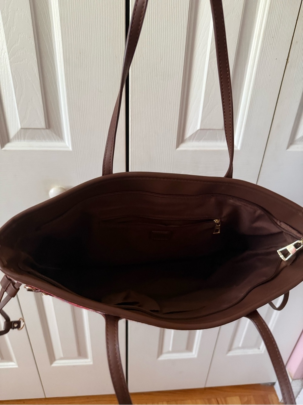 Plaid Red Tote Bag with Brown Trim - Women Bags and matching mini bag - Picture 4 of 11